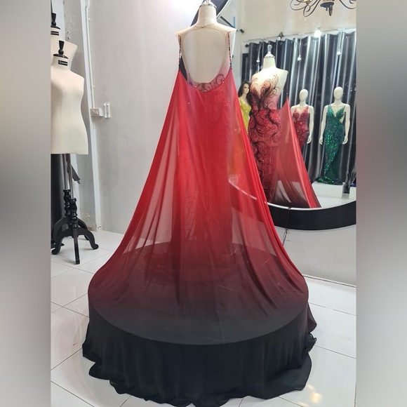 GL Garlate Red Beaded Pageant Gown Illusion Slit Cape Train Formal Dress - Picture 10 of 11